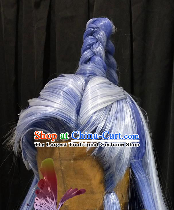 Handmade China Traditional Puppet Show King Headdress Ancient Swordsman Hairpieces Cosplay Childe Blue Wigs