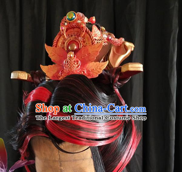 Handmade China Cosplay Royal King Red Wigs and Hair Crown Traditional Puppet Show Monarch Headdress Ancient Swordsman Hairpieces