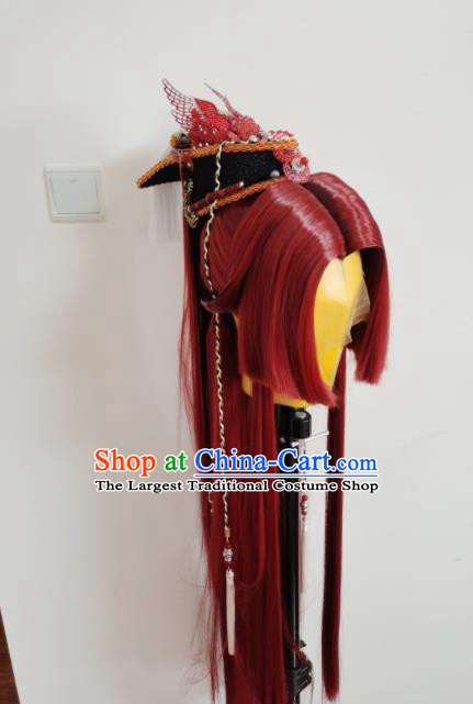 Handmade China Cosplay Hero Red Wigs and Hair Crown Traditional Puppet Show Young Knight Headdress Ancient Swordsman Hairpieces