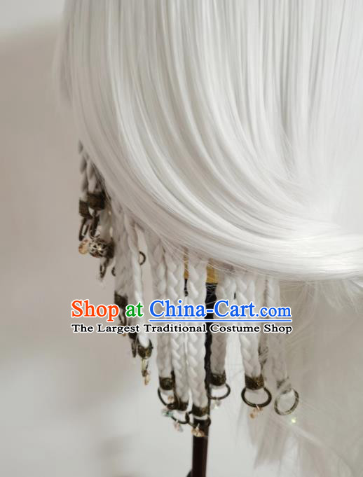 Handmade China Ancient Swordsman Hairpieces Cosplay Taoist Priest White Wigs and Hair Accessories Traditional Puppet Show Qiao Rulai Headdress