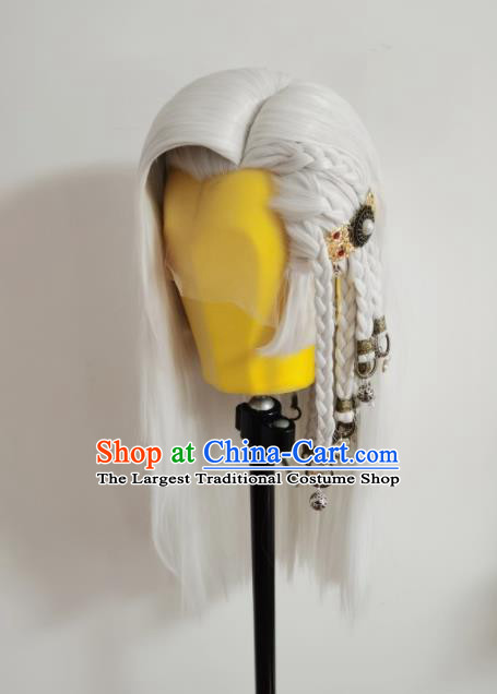 Handmade China Ancient Swordsman Hairpieces Cosplay Taoist Priest White Wigs and Hair Accessories Traditional Puppet Show Qiao Rulai Headdress