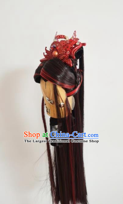 Handmade China Traditional Puppet Show Shangguan Hongxin Headdress Ancient Swordsman Hairpieces Cosplay King Brown Wigs and Hair Crown