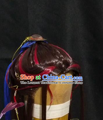 Handmade China Ancient Swordsman Hairpieces Cosplay Young Hero Brown Wigs and Hair Crown Traditional Puppet Show Knight Headdress