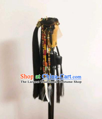 Handmade China Traditional Puppet Show Royal Prince Headdress Ancient Young Hero Hairpieces Cosplay Swordsman Black Wigs and Hair Accessories