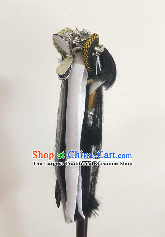 Handmade China Ancient Taoist Priest Hairpieces Cosplay Kawaler Wigs and Hair Crown Traditional Puppet Show Swordsman King Headdress