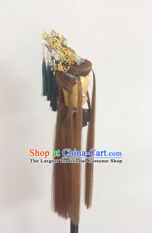 Handmade China Traditional Puppet Show Swordsman Jin Liuying Headdress Ancient Taoist Priest Hairpieces Cosplay Emperor Brown Wigs and Hair Crown