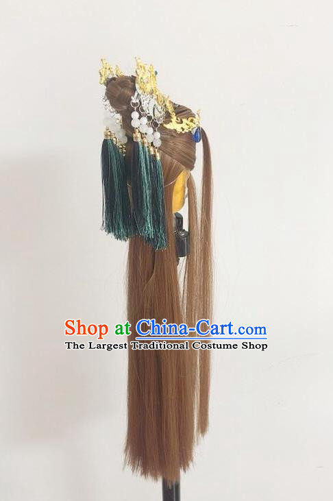 Handmade China Traditional Puppet Show Swordsman Jin Liuying Headdress Ancient Taoist Priest Hairpieces Cosplay Emperor Brown Wigs and Hair Crown