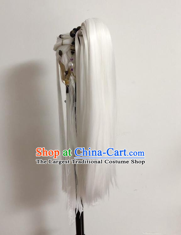 Handmade China Cosplay Emperor White Wigs and Hair Crown Traditional Puppet Show Swordsman Headdress Ancient Taoist Priest Hairpieces