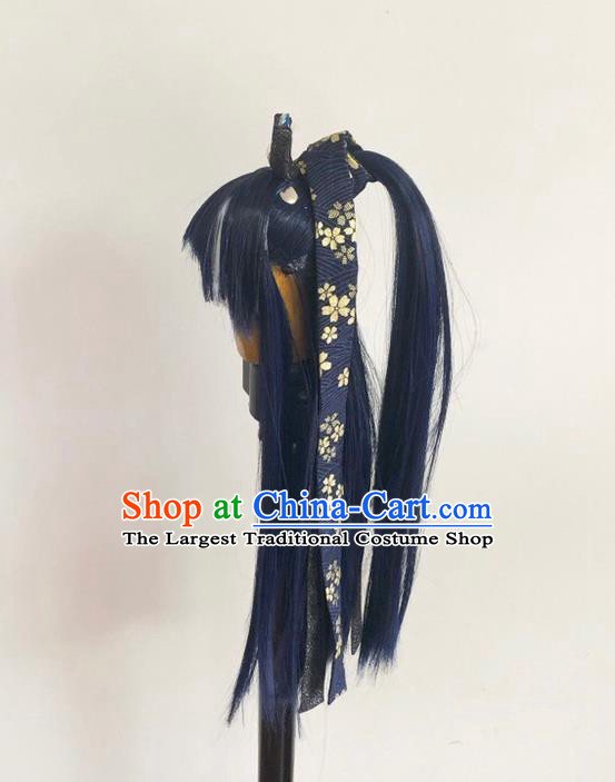 Handmade China Ancient Young Hero Hairpieces Cosplay Knight Blue Wigs and Hair Crown Traditional Puppet Show Swordsman Headdress