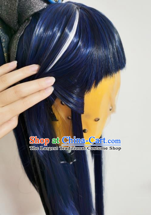 Handmade China Traditional Puppet Show Swordsman Headdress Ancient Young Hero Hairpieces Cosplay Knight Blue Wigs and Hair Crown
