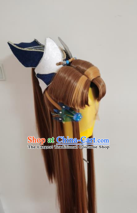 Handmade China Cosplay Swordsman Yellow Wigs and Hair Crown Traditional Puppet Show Yan Qinghan Headdress Ancient Young Hero Hairpieces