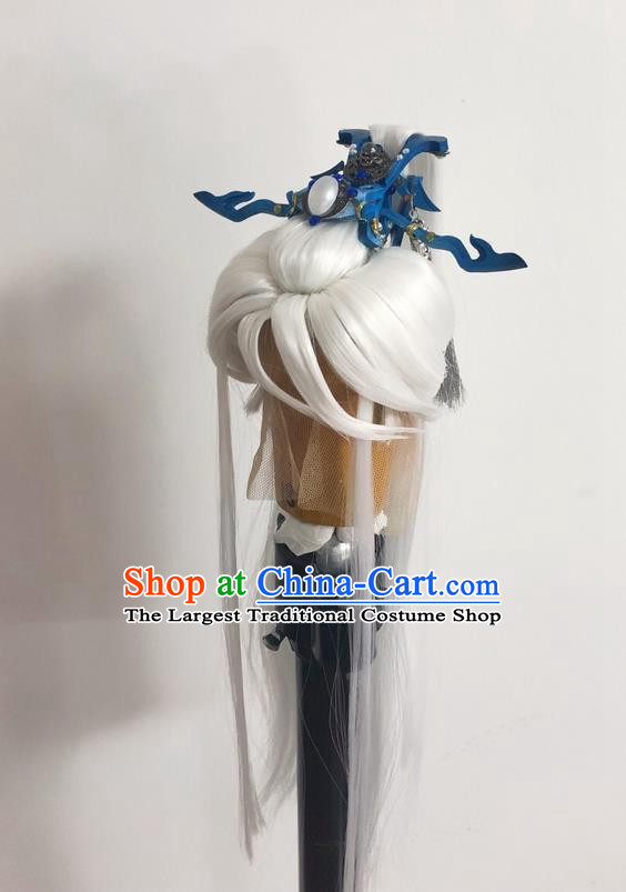 Handmade China Ancient Chivalrous Male Hairpieces Cosplay Swordsman White Wigs and Hair Crown Traditional Puppet Show Taoist Headdress
