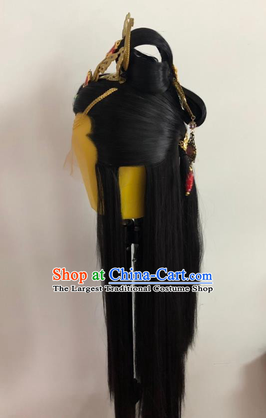 Chinese Ancient Imperial Concubine Headdress Traditional Puppet Show Feng Cailing Hairpieces Cosplay Swordswoman Black Wigs and Hairpins