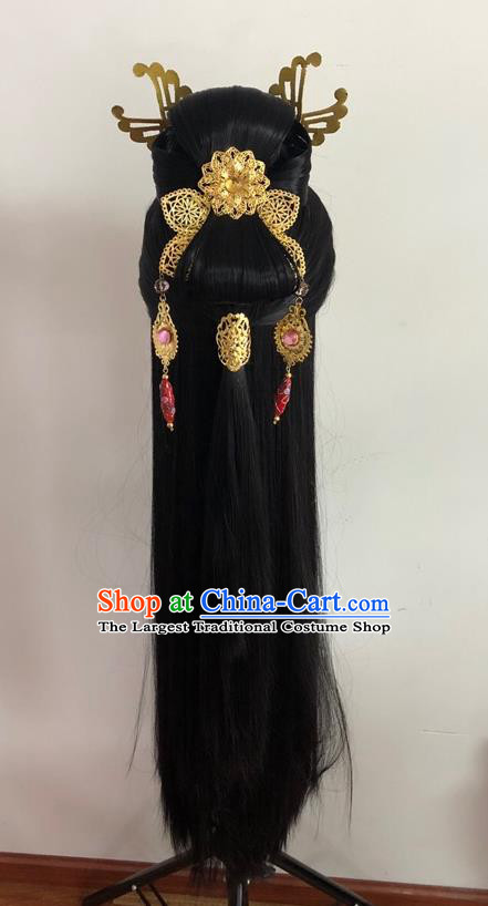 Chinese Ancient Imperial Concubine Headdress Traditional Puppet Show Feng Cailing Hairpieces Cosplay Swordswoman Black Wigs and Hairpins