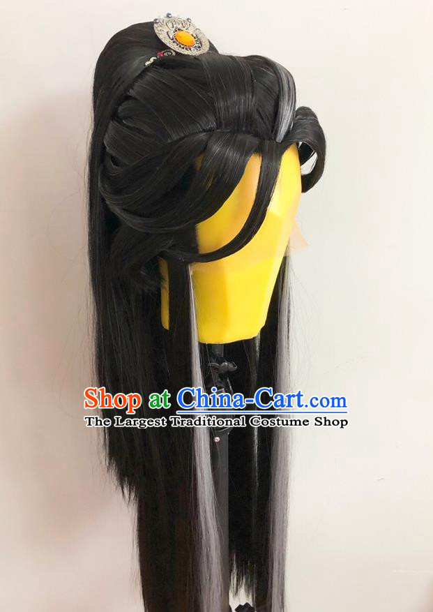Chinese Cosplay Swordswoman Black Wigs and Hairpins Ancient Female Knight Headdress Traditional Puppet Show Ding Lingshuang Hairpieces