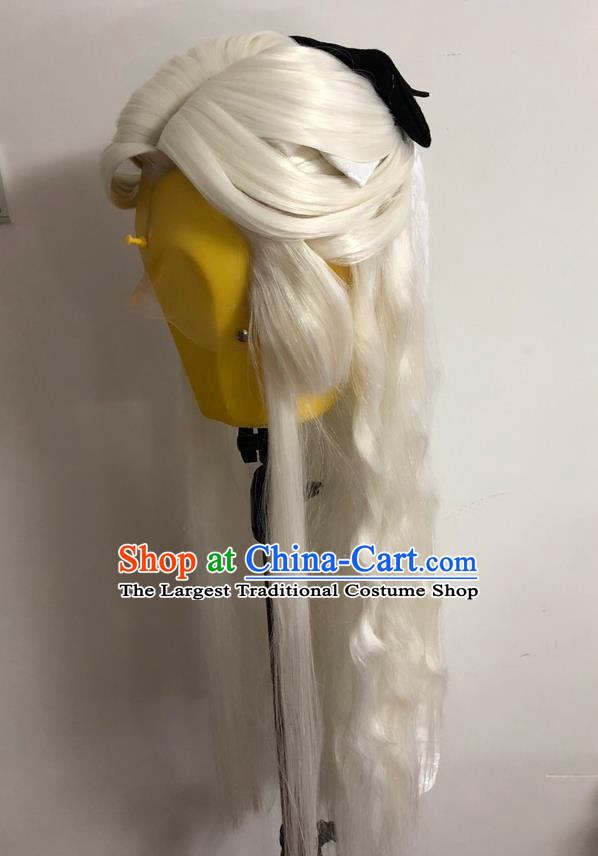 Chinese Traditional Puppet Show Murong Yanyu Hairpieces Cosplay Swordswoman White Wigs and Hairpins Ancient Fairy Princess Headdress