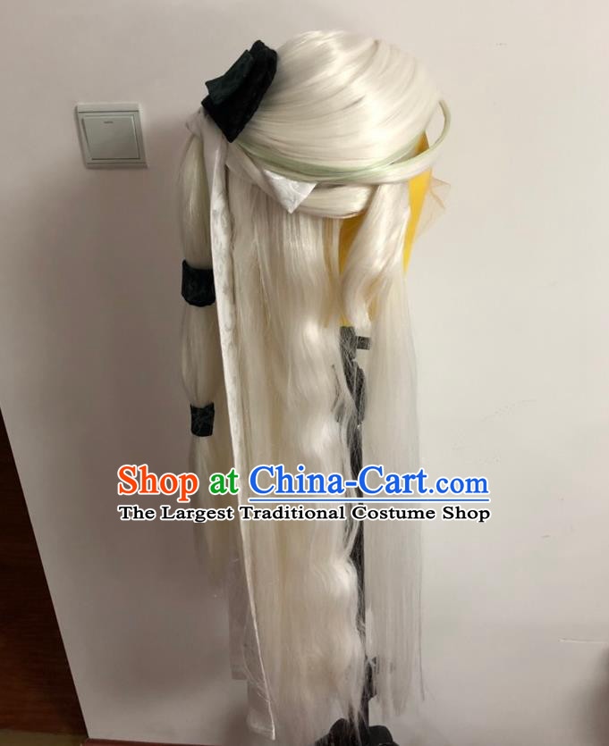 Chinese Traditional Puppet Show Murong Yanyu Hairpieces Cosplay Swordswoman White Wigs and Hairpins Ancient Fairy Princess Headdress