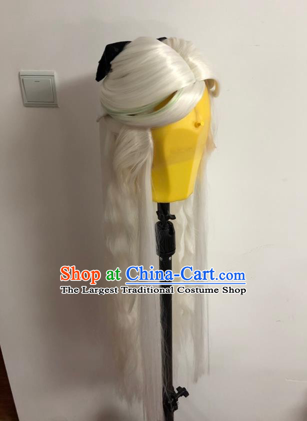 Chinese Traditional Puppet Show Murong Yanyu Hairpieces Cosplay Swordswoman White Wigs and Hairpins Ancient Fairy Princess Headdress