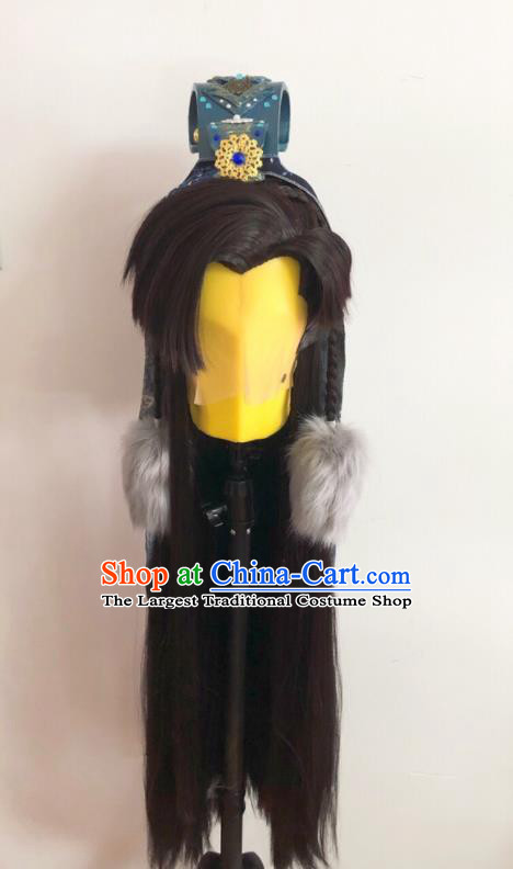 Handmade China Cosplay Swordsman Black Wigs and Hair Crown Traditional Puppet Show Hero Headdress Ancient Noble Childe Hairpieces