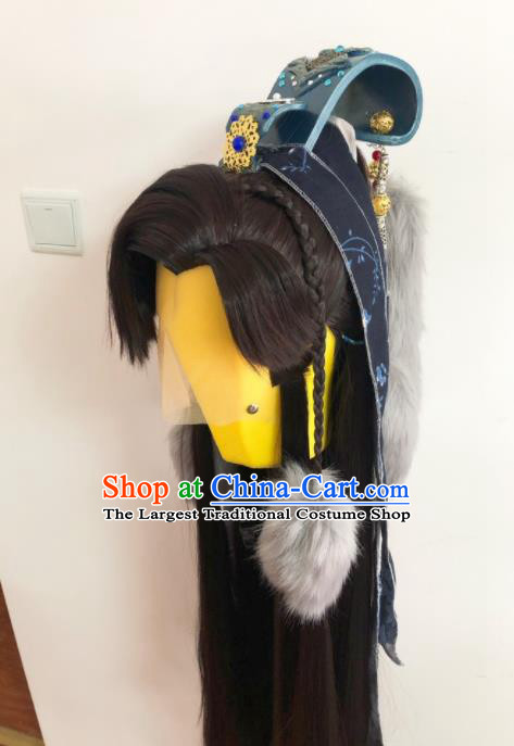 Handmade China Cosplay Swordsman Black Wigs and Hair Crown Traditional Puppet Show Hero Headdress Ancient Noble Childe Hairpieces