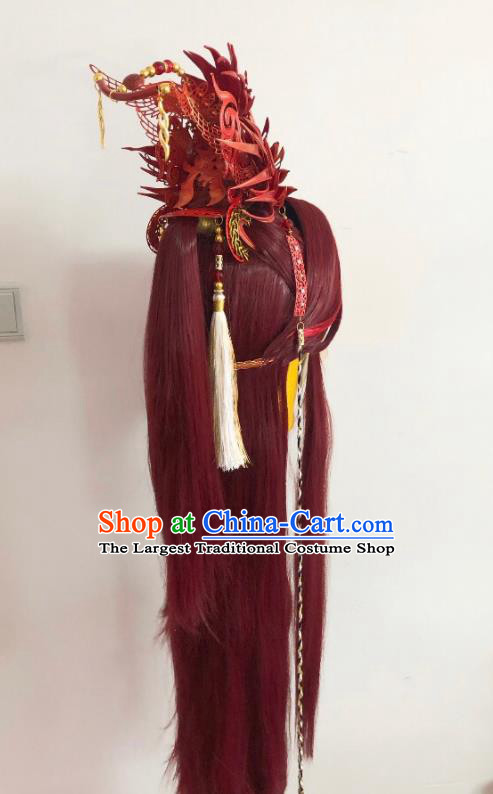 Handmade China Ancient Knight Hairpieces Cosplay Swordsman Red Wigs and Hair Accessories Traditional Puppet Show King Headdress
