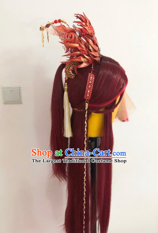 Handmade China Ancient Knight Hairpieces Cosplay Swordsman Red Wigs and Hair Accessories Traditional Puppet Show King Headdress