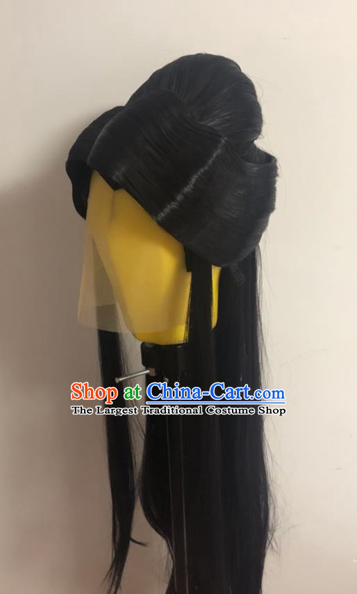 Chinese Cosplay Swordswoman Black Wigs Hairpieces Ancient Taoist Nun Headdress Traditional Puppet Show Goddess Han Yancui Hair Accessories