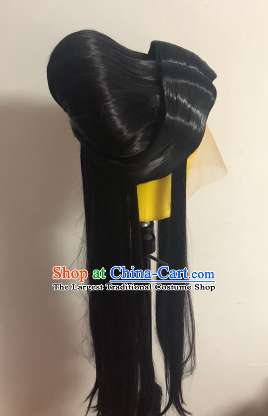 Chinese Cosplay Swordswoman Black Wigs Hairpieces Ancient Taoist Nun Headdress Traditional Puppet Show Goddess Han Yancui Hair Accessories