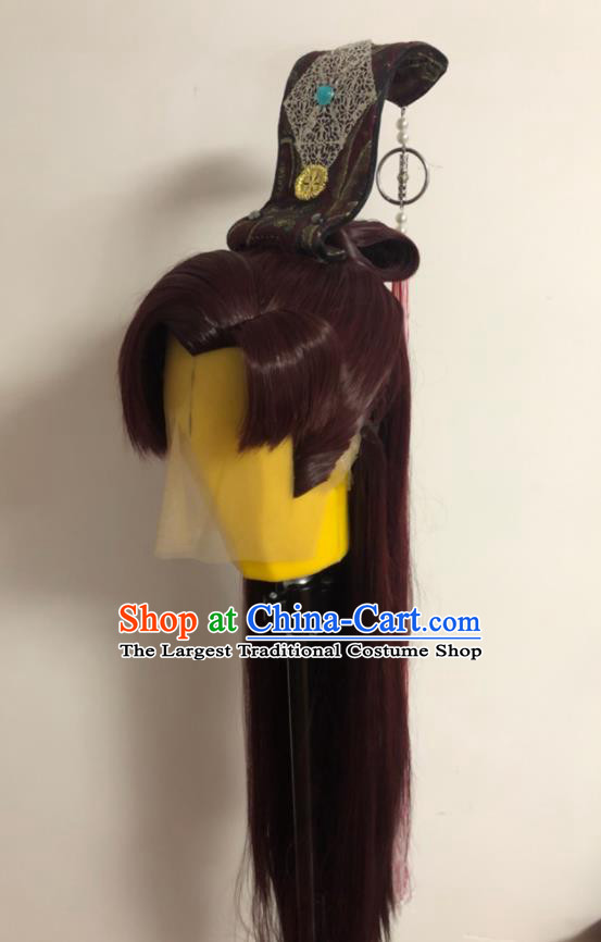 Handmade China Ancient Young Knight Hairpieces Cosplay Swordsman Brown Wigs and Hair Crown Traditional Puppet Show Wolf King Headdress