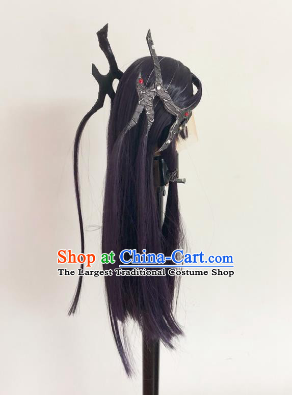 Handmade China Cosplay Swordsman Purple Wigs and Hair Crown Traditional Puppet Show Knight Ying Huo Headdress Ancient Dragon Prince Hairpieces