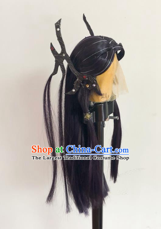 Handmade China Cosplay Swordsman Purple Wigs and Hair Crown Traditional Puppet Show Knight Ying Huo Headdress Ancient Dragon Prince Hairpieces