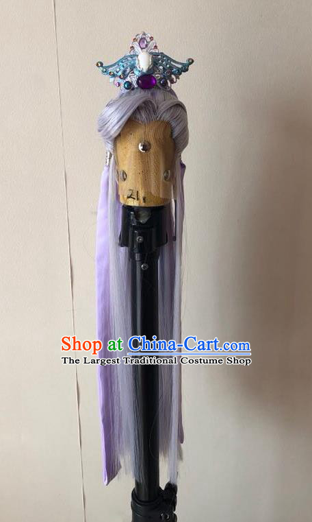 Handmade China Ancient Noble Childe Hairpieces Cosplay Swordsman Lilac Wigs and Hair Crown Traditional Puppet Show Prince Murong Ning Headdress