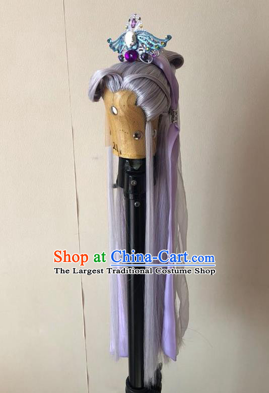 Handmade China Ancient Noble Childe Hairpieces Cosplay Swordsman Lilac Wigs and Hair Crown Traditional Puppet Show Prince Murong Ning Headdress