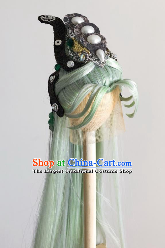 Handmade China Cosplay Noble Prince Green Wigs and Hair Crown Traditional Puppet Show Swordsman Mo Cangli Headdress Ancient Young Knight Hairpieces