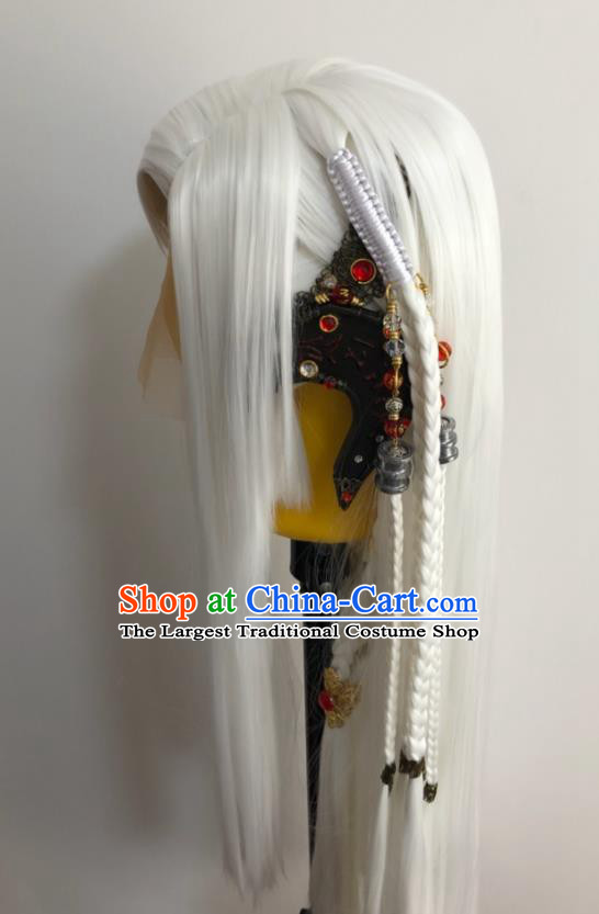 Handmade China Traditional Puppet Show Qiap Rulai Headdress Ancient Young Knight Hairpieces Cosplay Swordsman White Braids Wigs