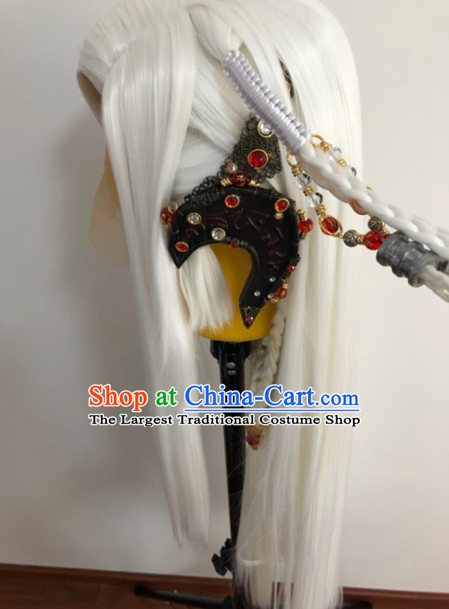 Handmade China Traditional Puppet Show Qiap Rulai Headdress Ancient Young Knight Hairpieces Cosplay Swordsman White Braids Wigs