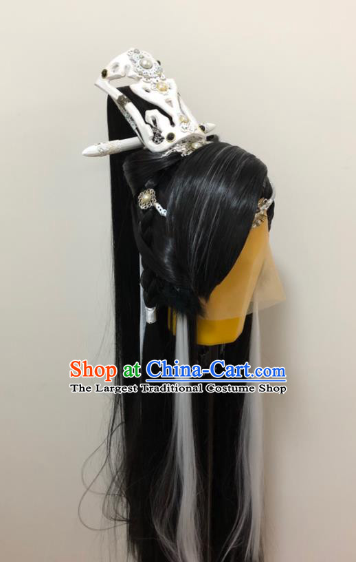 Handmade China Traditional Puppet Show Childe Shi Yanwen Hairpieces Ancient Swordsman Headdress Cosplay Young Knight Black Wigs and Hair Crown