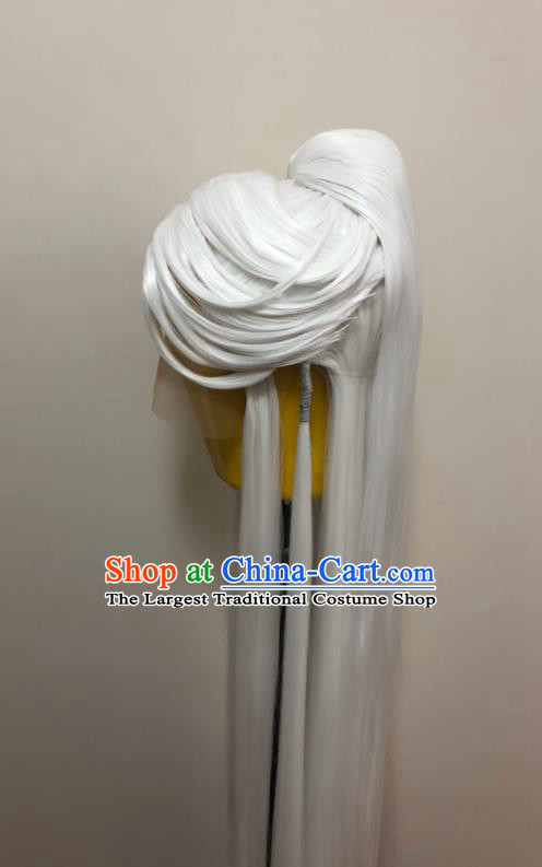 Handmade China Cosplay Elderly Male White Wigs Traditional Puppet Show Yi Tianzi Hairpieces Ancient Swordsman Headdress