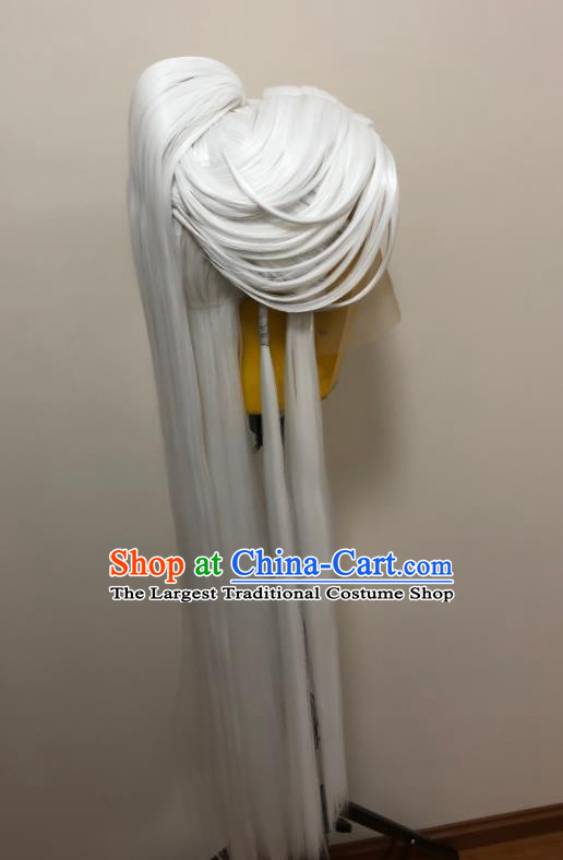 Handmade China Cosplay Elderly Male White Wigs Traditional Puppet Show Yi Tianzi Hairpieces Ancient Swordsman Headdress