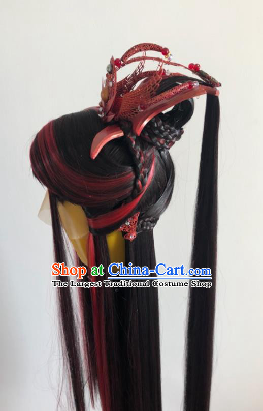 Handmade China Cosplay Young Man Brown Wigs and Hair Crown Traditional Puppet Show Yan King Headdress Ancient Swordsman Hairpieces