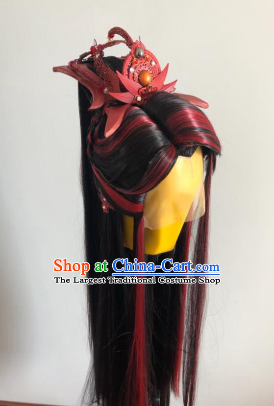 Handmade China Cosplay Young Man Brown Wigs and Hair Crown Traditional Puppet Show Yan King Headdress Ancient Swordsman Hairpieces