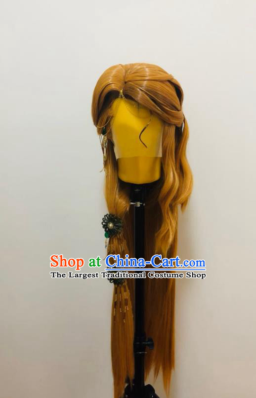 Handmade China Ancient Young Knight Headdress Cosplay Chivalrous Male Golden Wigs and Hair Crown Traditional Puppet Show Swordsman Hairpieces