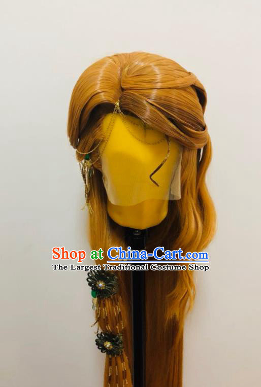 Handmade China Ancient Young Knight Headdress Cosplay Chivalrous Male Golden Wigs and Hair Crown Traditional Puppet Show Swordsman Hairpieces