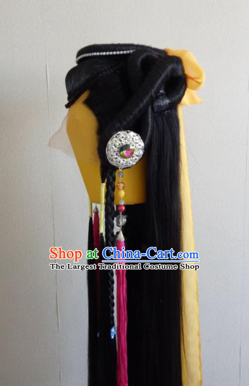 Chinese Ancient Fairy Princess Headdress Traditional Puppet Show Feng Cailing Hair Accessories Cosplay Swordswoman Black Wigs and Hairpieces