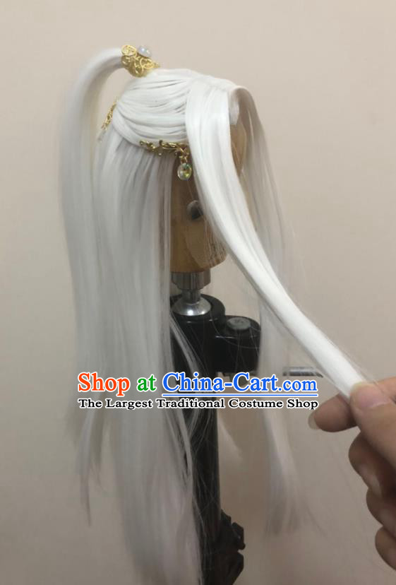 Handmade China Traditional Puppet Show Swordsman Hairpieces Ancient Elderly Knight Headdress Cosplay Chivalrous Male White Wigs and Hair Crown