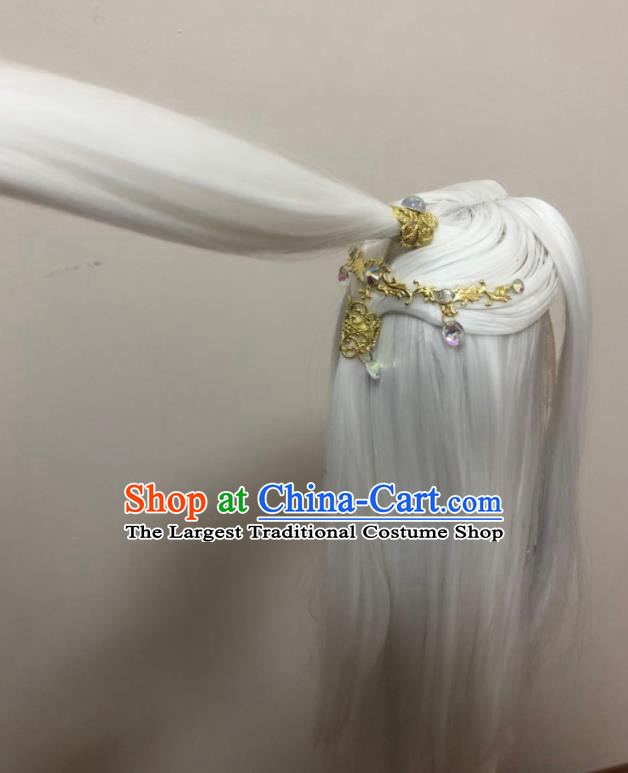 Handmade China Traditional Puppet Show Swordsman Hairpieces Ancient Elderly Knight Headdress Cosplay Chivalrous Male White Wigs and Hair Crown