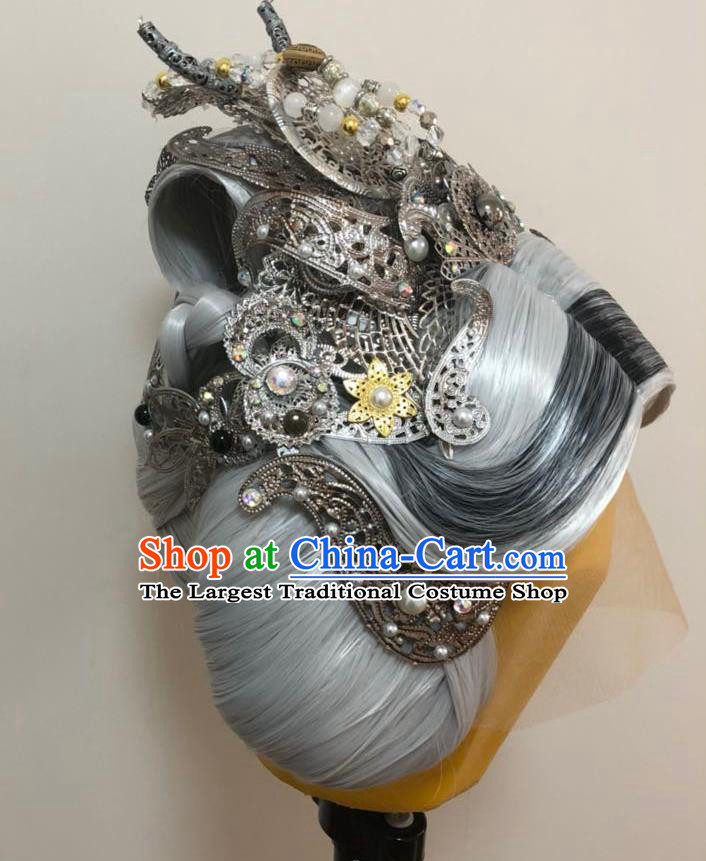 Chinese Cosplay Queen Mother Grey Wigs and Hair Crown Hairpieces Ancient Elderly Swordswoman Headdress Traditional Puppet Show Hair Accessories