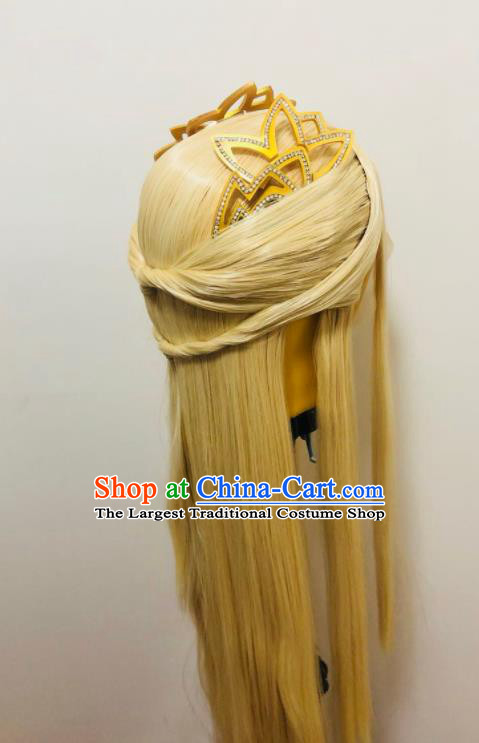 Chinese Traditional Puppet Show Hair Accessories Cosplay Moon Goddess Golden Wigs and Hair Crown Hairpieces Ancient Swordswoman Headdress