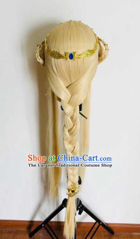 Chinese Ancient Young Lady Headdress Traditional Puppet Show Goddess Xiang Ling Hair Accessories Cosplay Fairy Princess Golden Wigs and Hairpieces