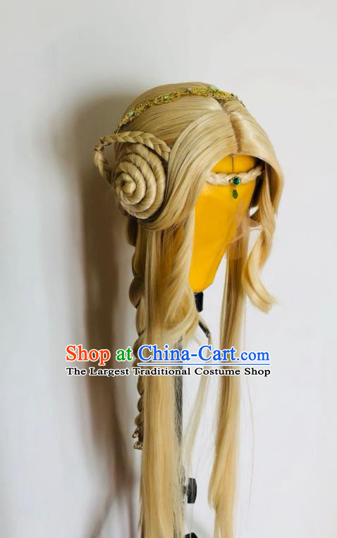 Chinese Ancient Young Lady Headdress Traditional Puppet Show Goddess Xiang Ling Hair Accessories Cosplay Fairy Princess Golden Wigs and Hairpieces